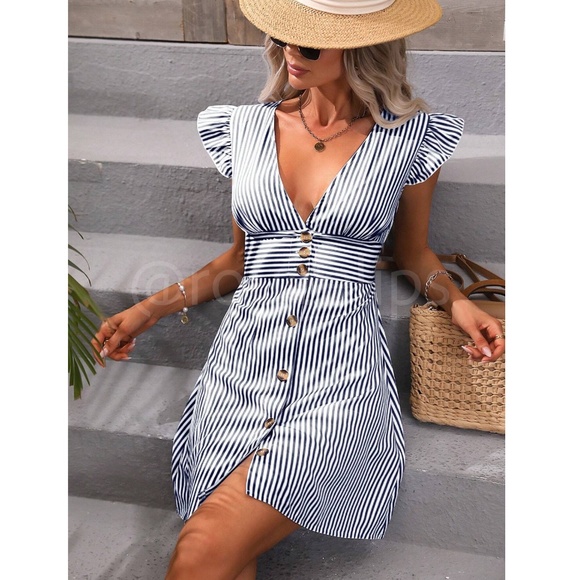 Striped White and Blue Mini Dress V-Neck Ruffle Cap Sleeve Buttoned - Picture 4 of 7